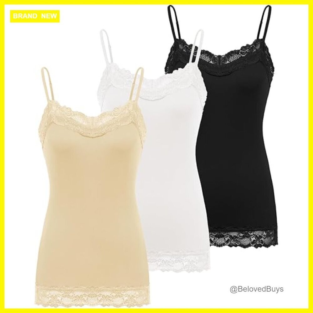 Adjustable Spaghetti Strap Lace Trim Cami Tunic Tank Top 3-Pack